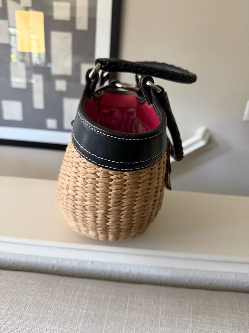 Coach Straw Tote with Black Trim and Pink Interior Accent - Picture 3 of 13